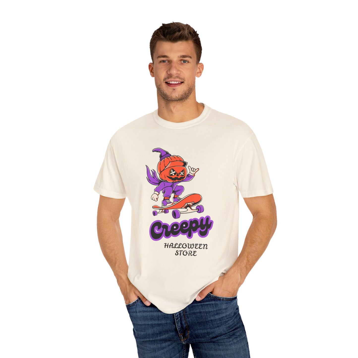 Creepy Halloween Skateboard T-shirt | Unisex Garment-Dyed Tee | Perfect for Halloween, Casual Wear, Skate Culture, Gifts for Horror Fans