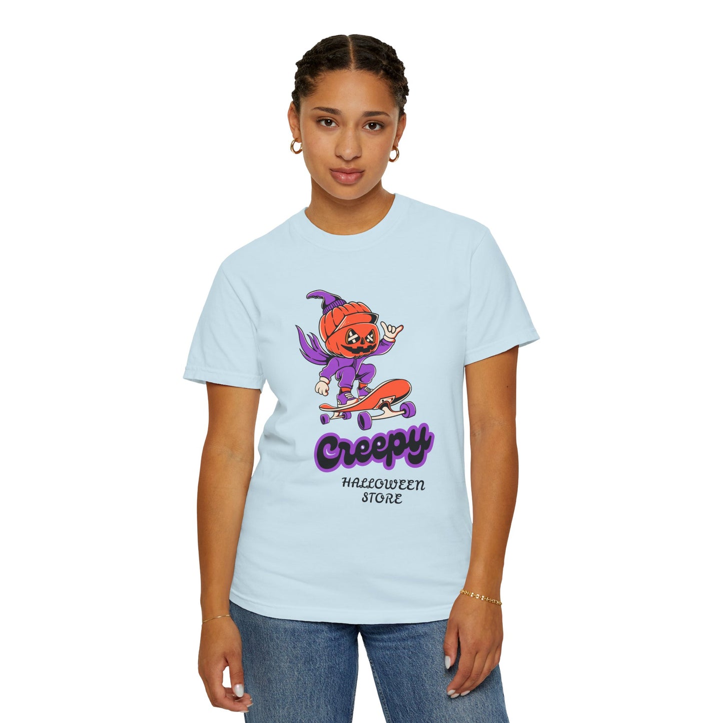 Creepy Halloween Skateboard T-shirt | Unisex Garment-Dyed Tee | Perfect for Halloween, Casual Wear, Skate Culture, Gifts for Horror Fans