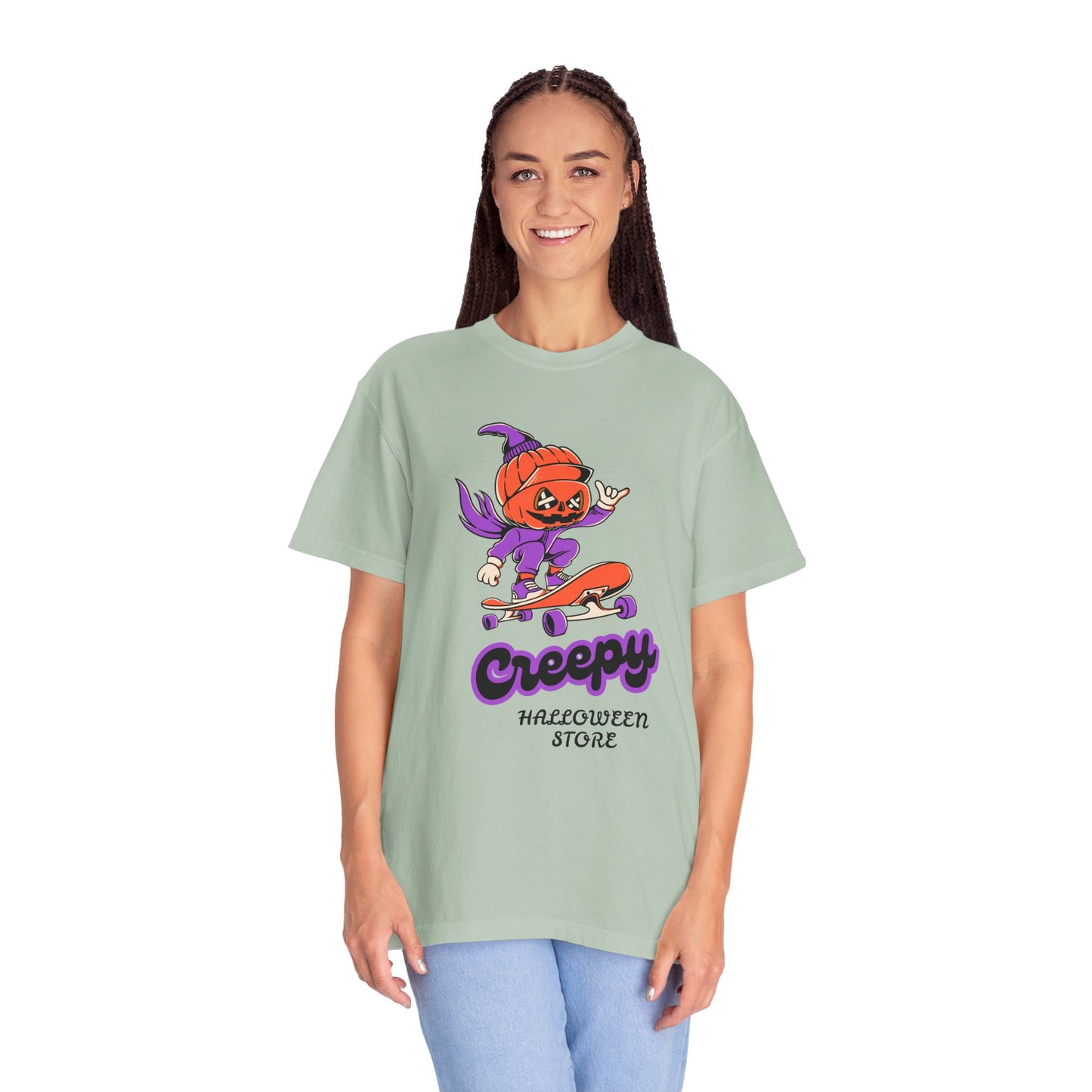 Creepy Halloween Skateboard T-shirt | Unisex Garment-Dyed Tee | Perfect for Halloween, Casual Wear, Skate Culture, Gifts for Horror Fans