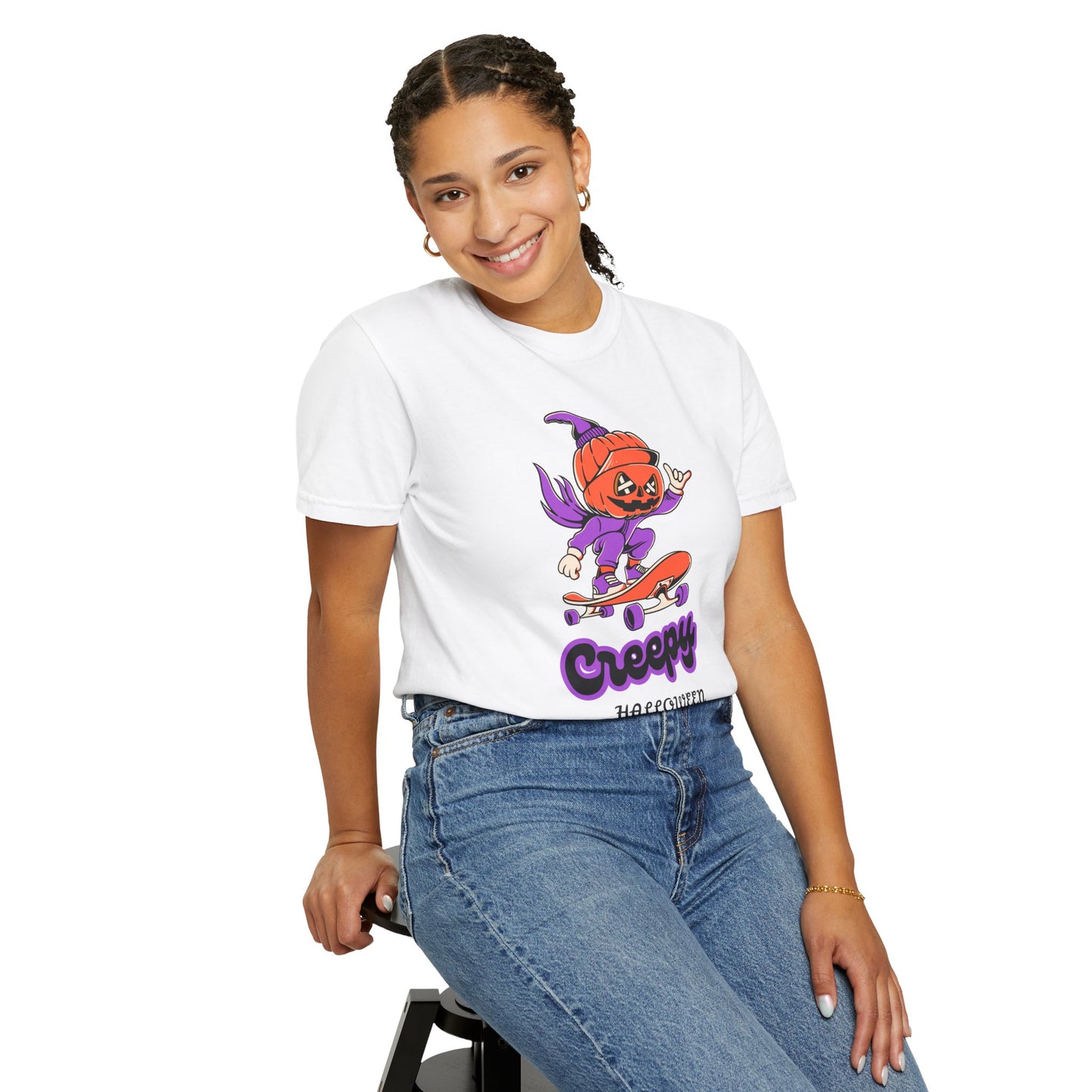 Creepy Halloween Skateboard T-shirt | Unisex Garment-Dyed Tee | Perfect for Halloween, Casual Wear, Skate Culture, Gifts for Horror Fans