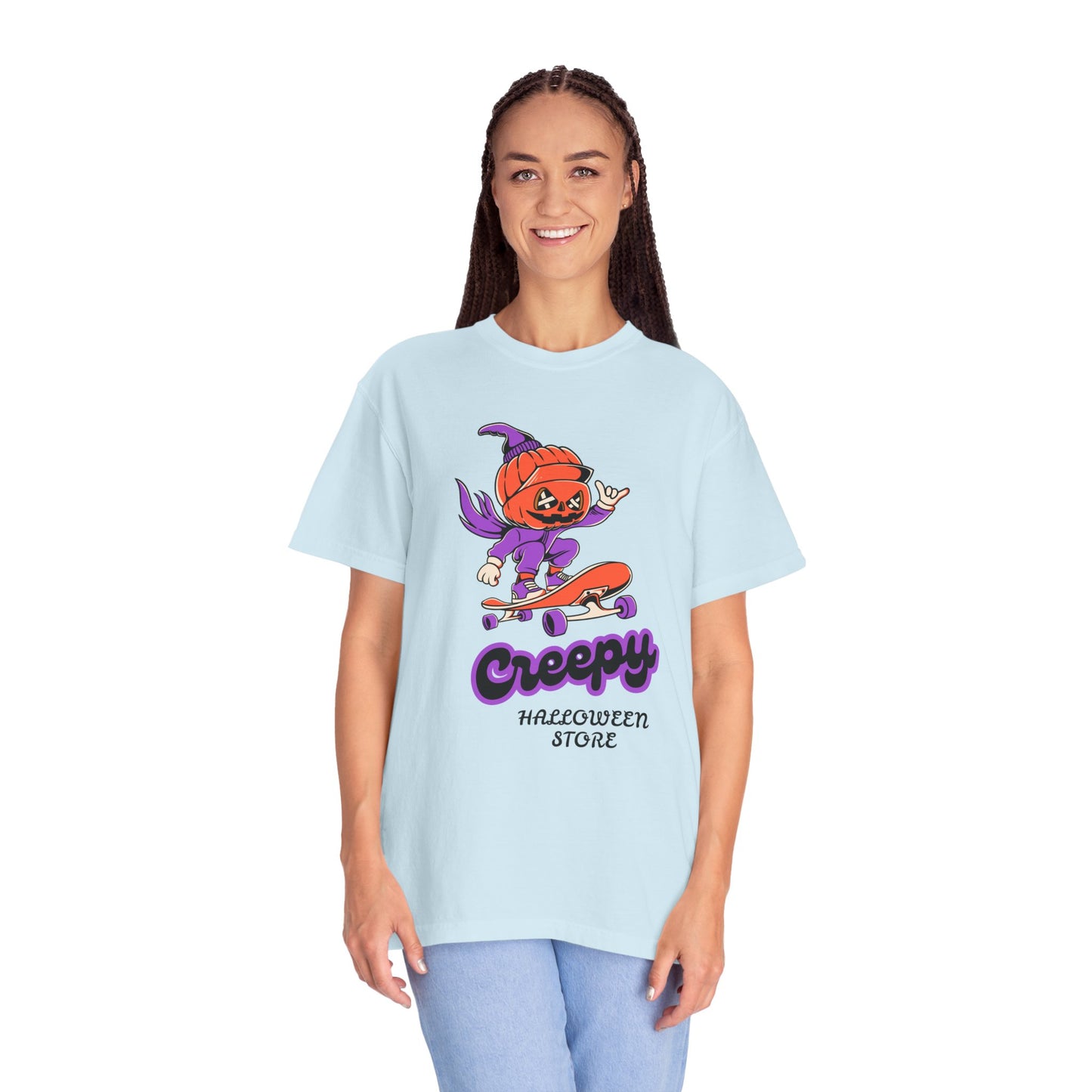 Creepy Halloween Skateboard T-shirt | Unisex Garment-Dyed Tee | Perfect for Halloween, Casual Wear, Skate Culture, Gifts for Horror Fans