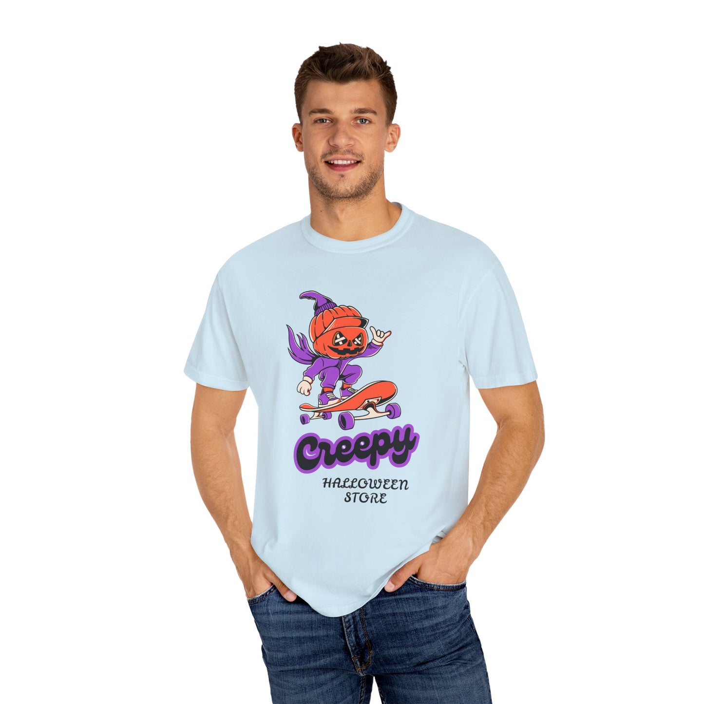 Creepy Halloween Skateboard T-shirt | Unisex Garment-Dyed Tee | Perfect for Halloween, Casual Wear, Skate Culture, Gifts for Horror Fans