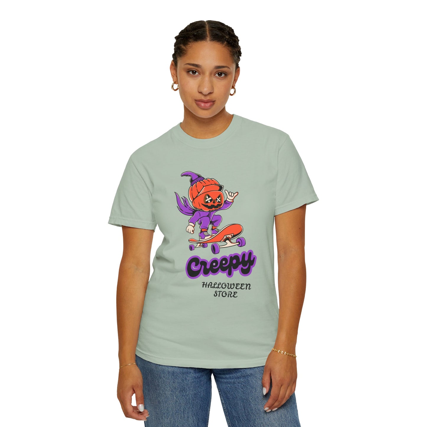 Creepy Halloween Skateboard T-shirt | Unisex Garment-Dyed Tee | Perfect for Halloween, Casual Wear, Skate Culture, Gifts for Horror Fans