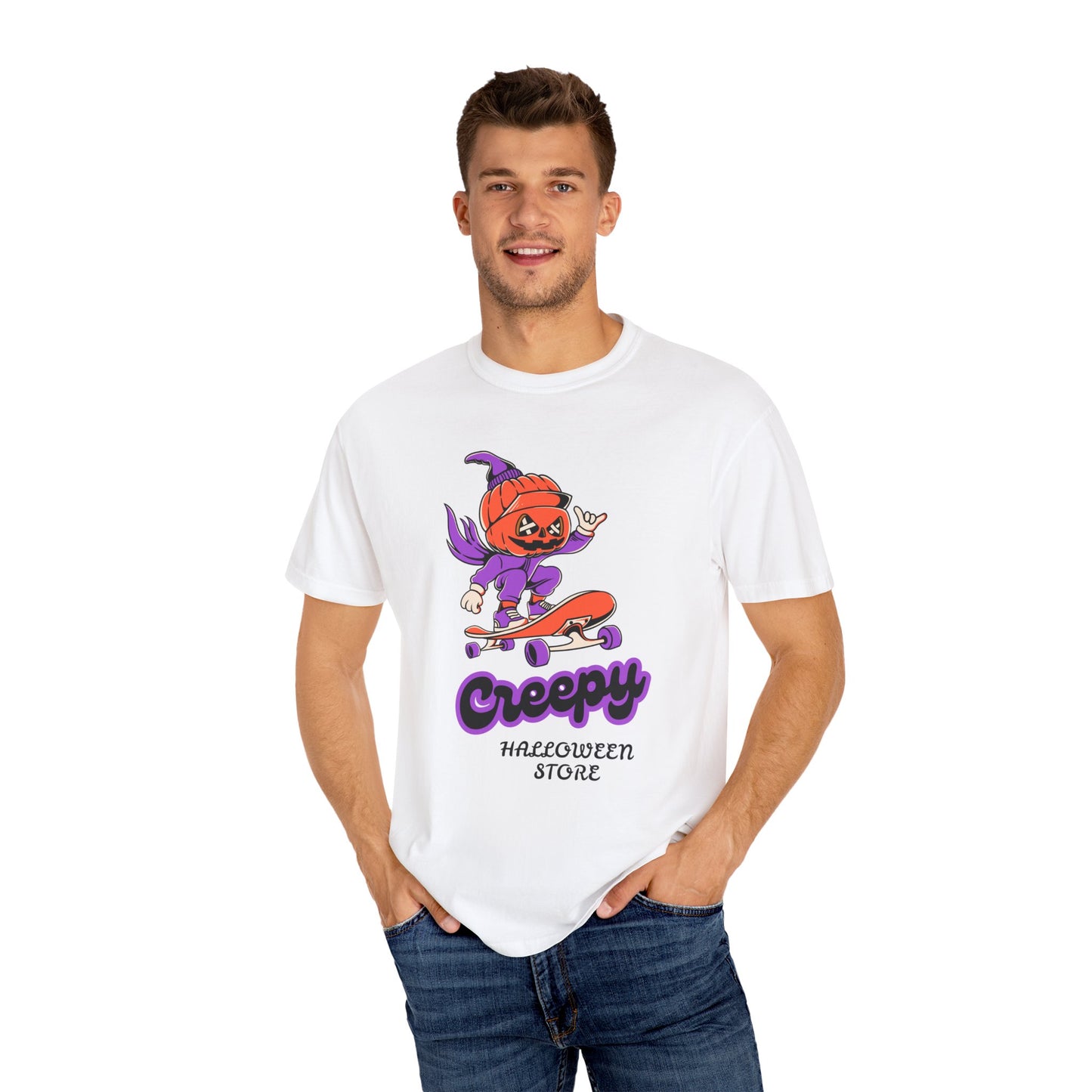 Creepy Halloween Skateboard T-shirt | Unisex Garment-Dyed Tee | Perfect for Halloween, Casual Wear, Skate Culture, Gifts for Horror Fans