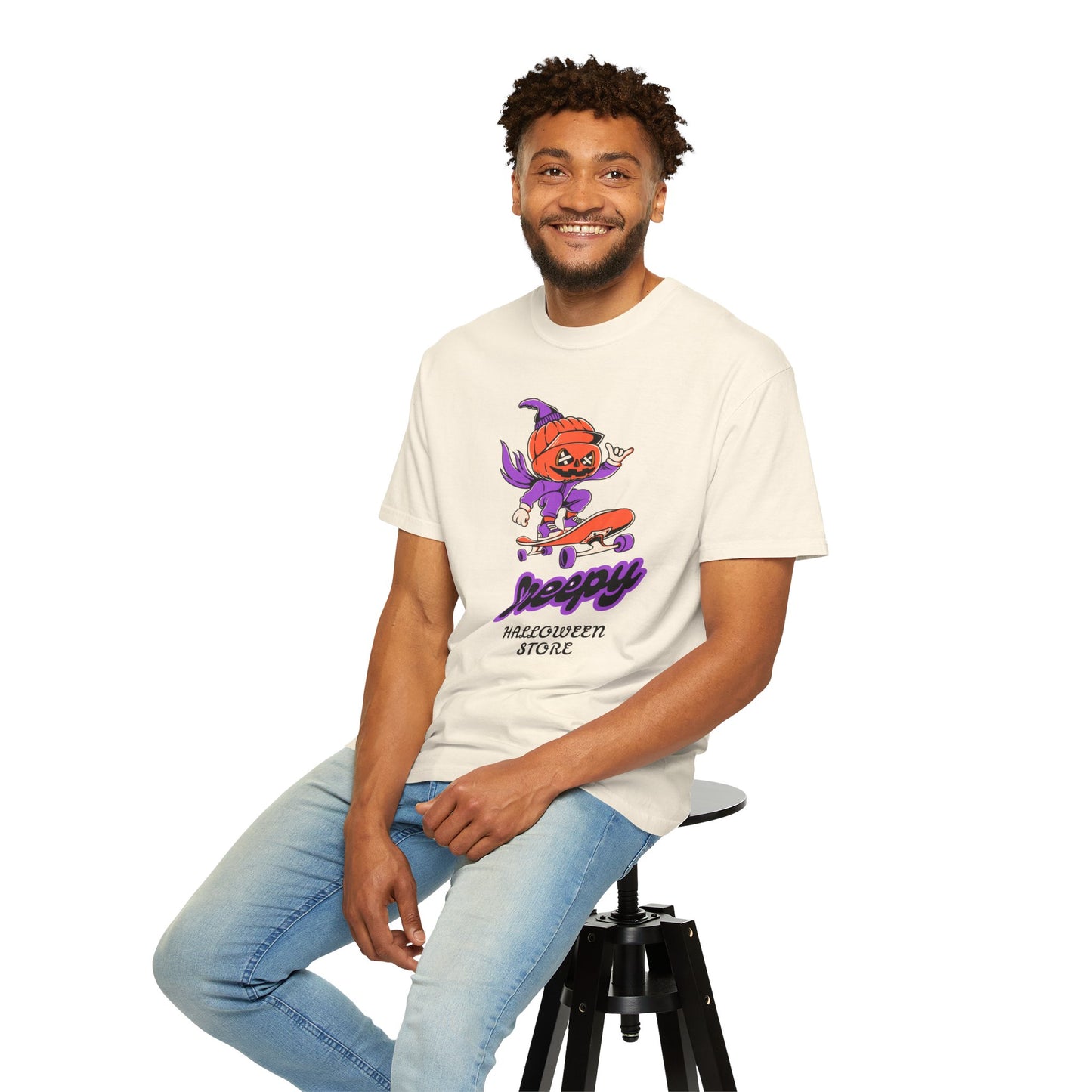 Creepy Halloween Skateboard T-shirt | Unisex Garment-Dyed Tee | Perfect for Halloween, Casual Wear, Skate Culture, Gifts for Horror Fans