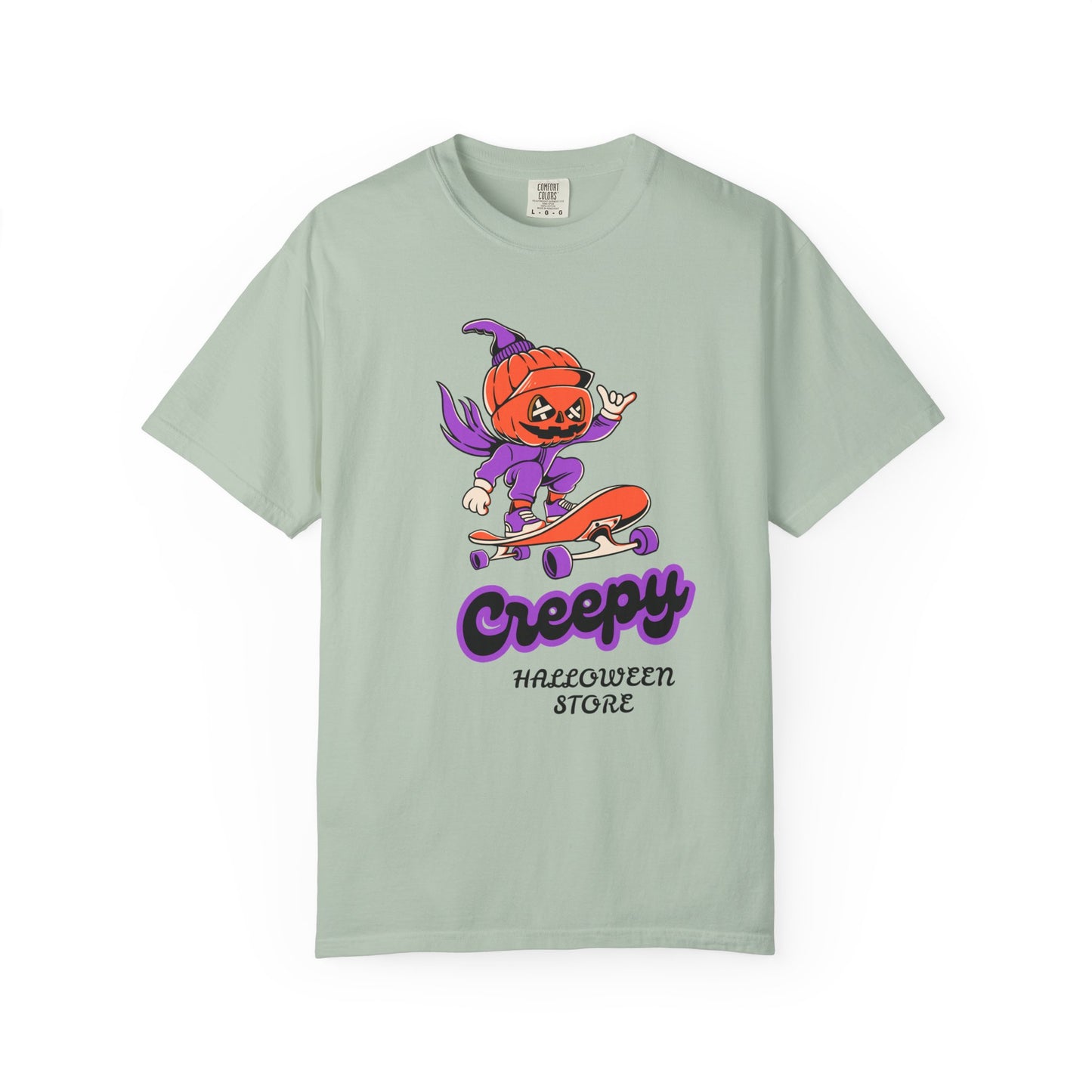 Creepy Halloween Skateboard T-shirt | Unisex Garment-Dyed Tee | Perfect for Halloween, Casual Wear, Skate Culture, Gifts for Horror Fans