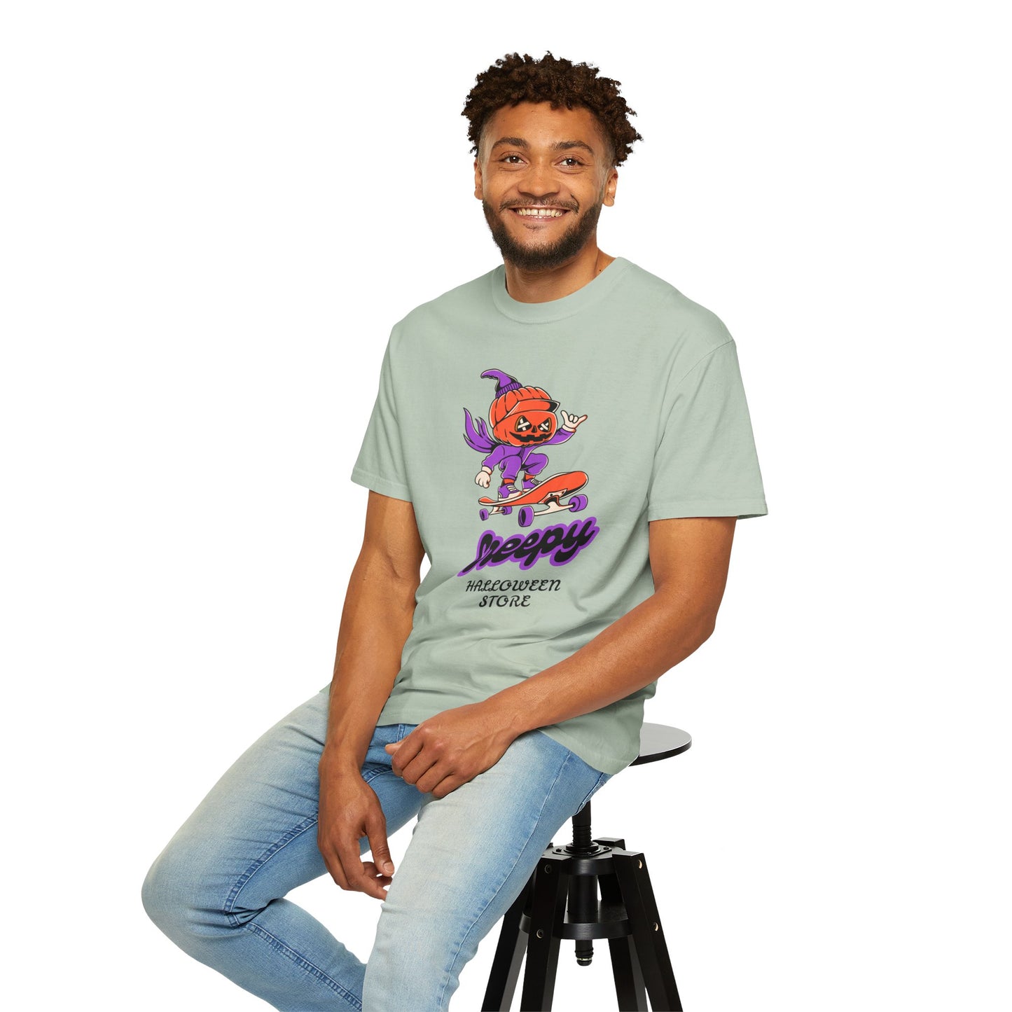 Creepy Halloween Skateboard T-shirt | Unisex Garment-Dyed Tee | Perfect for Halloween, Casual Wear, Skate Culture, Gifts for Horror Fans