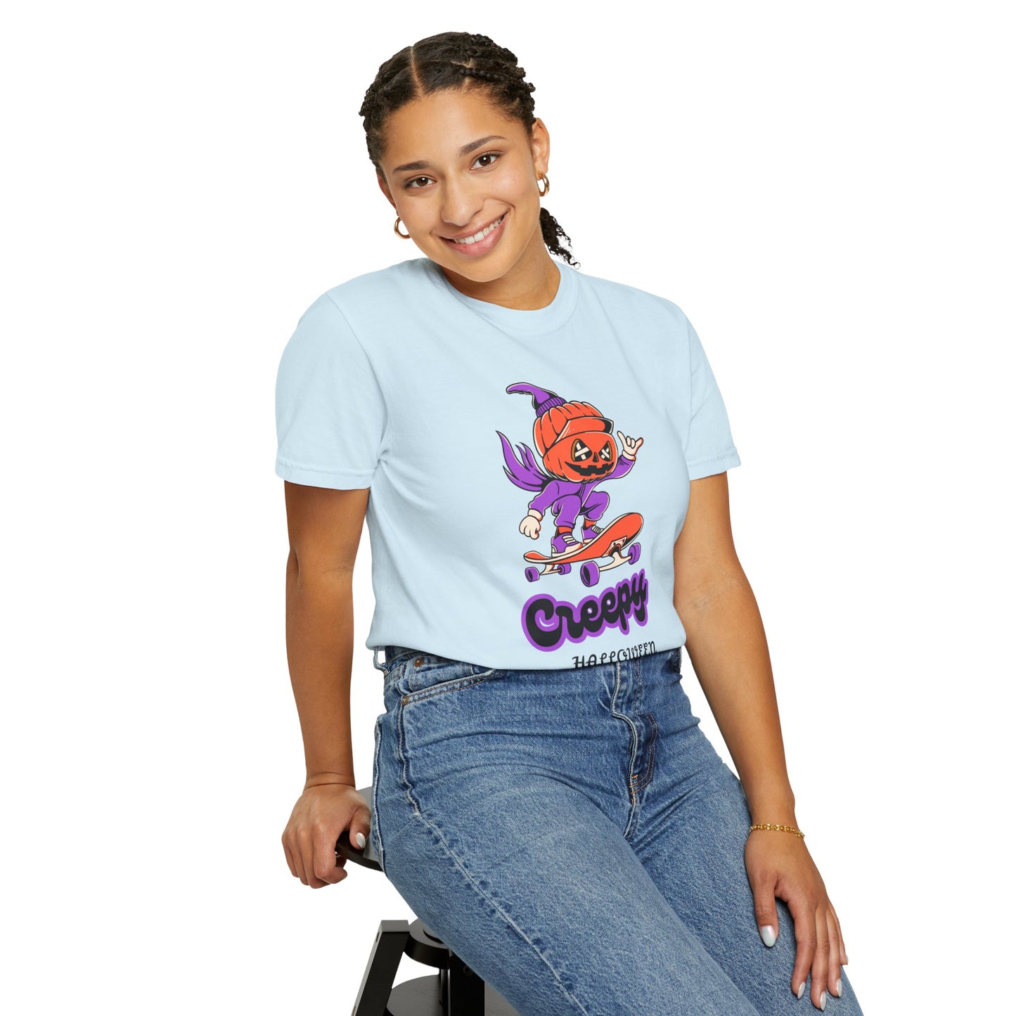Creepy Halloween Skateboard T-shirt | Unisex Garment-Dyed Tee | Perfect for Halloween, Casual Wear, Skate Culture, Gifts for Horror Fans