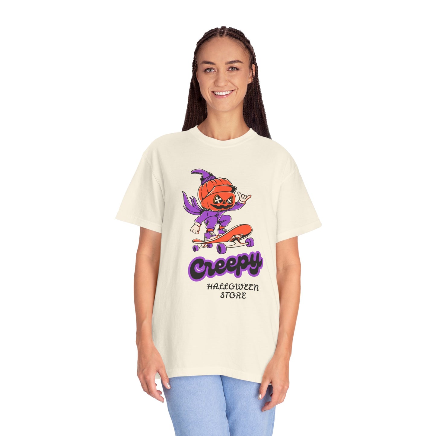 Creepy Halloween Skateboard T-shirt | Unisex Garment-Dyed Tee | Perfect for Halloween, Casual Wear, Skate Culture, Gifts for Horror Fans