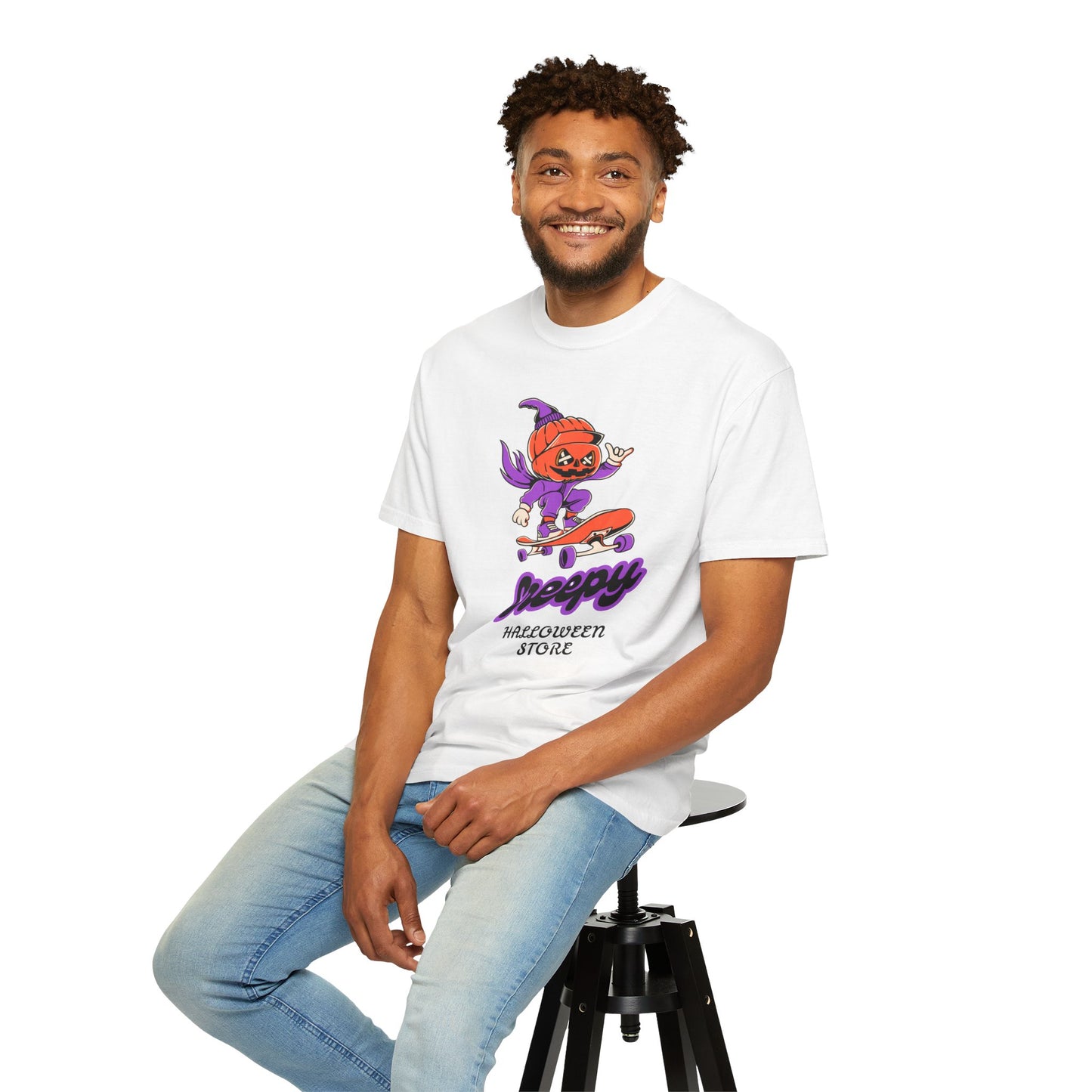 Creepy Halloween Skateboard T-shirt | Unisex Garment-Dyed Tee | Perfect for Halloween, Casual Wear, Skate Culture, Gifts for Horror Fans