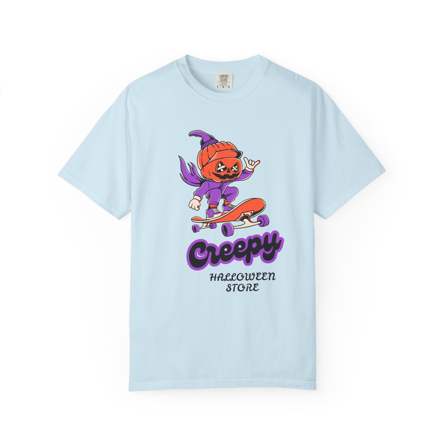 Creepy Halloween Skateboard T-shirt | Unisex Garment-Dyed Tee | Perfect for Halloween, Casual Wear, Skate Culture, Gifts for Horror Fans