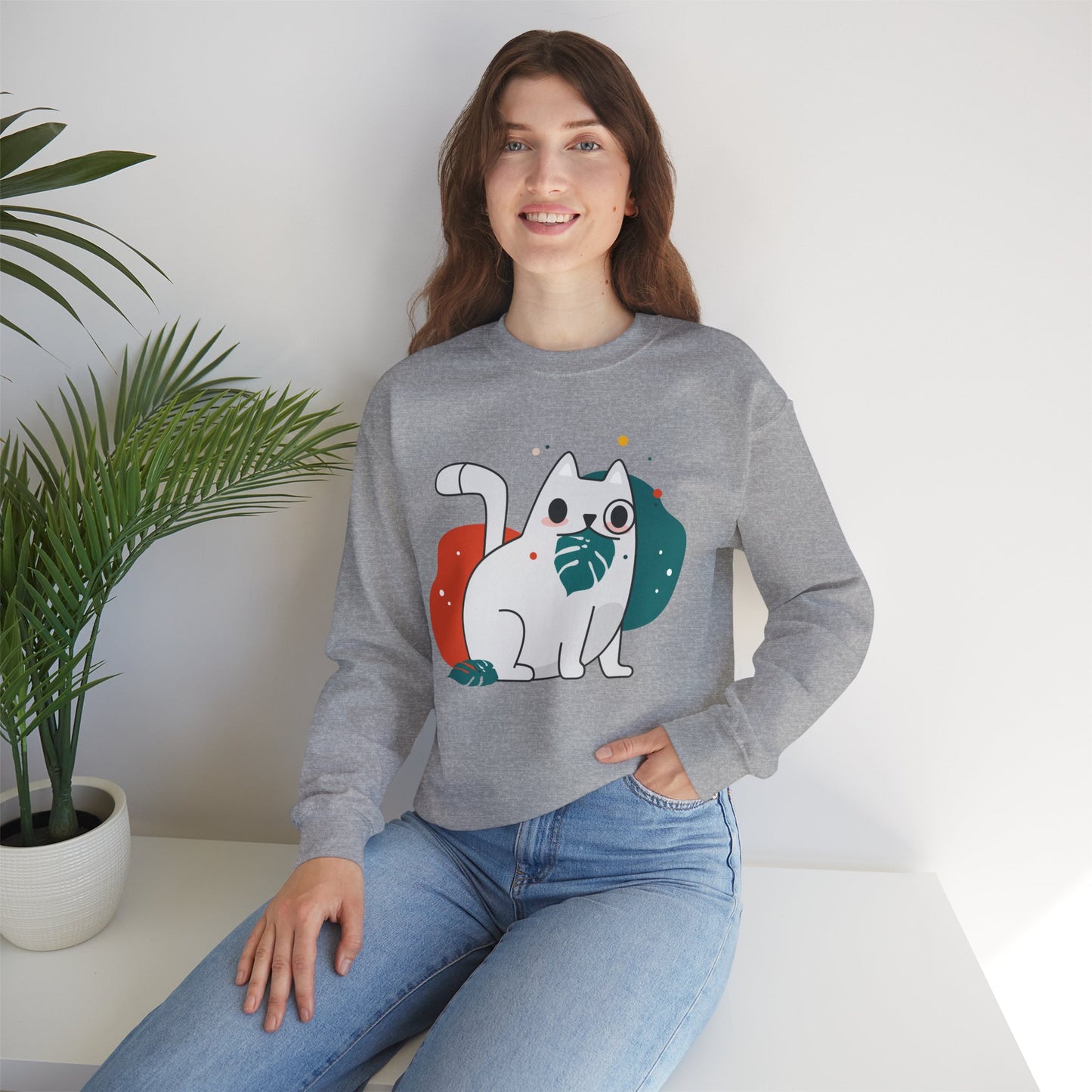 Whimsical Cat Design Crewneck Sweatshirt - Cute Cat Apparel, Animal Lovers Gift, Cozy Sweatshirt, Funny Cat Sweatshirt, Unique Gift Idea