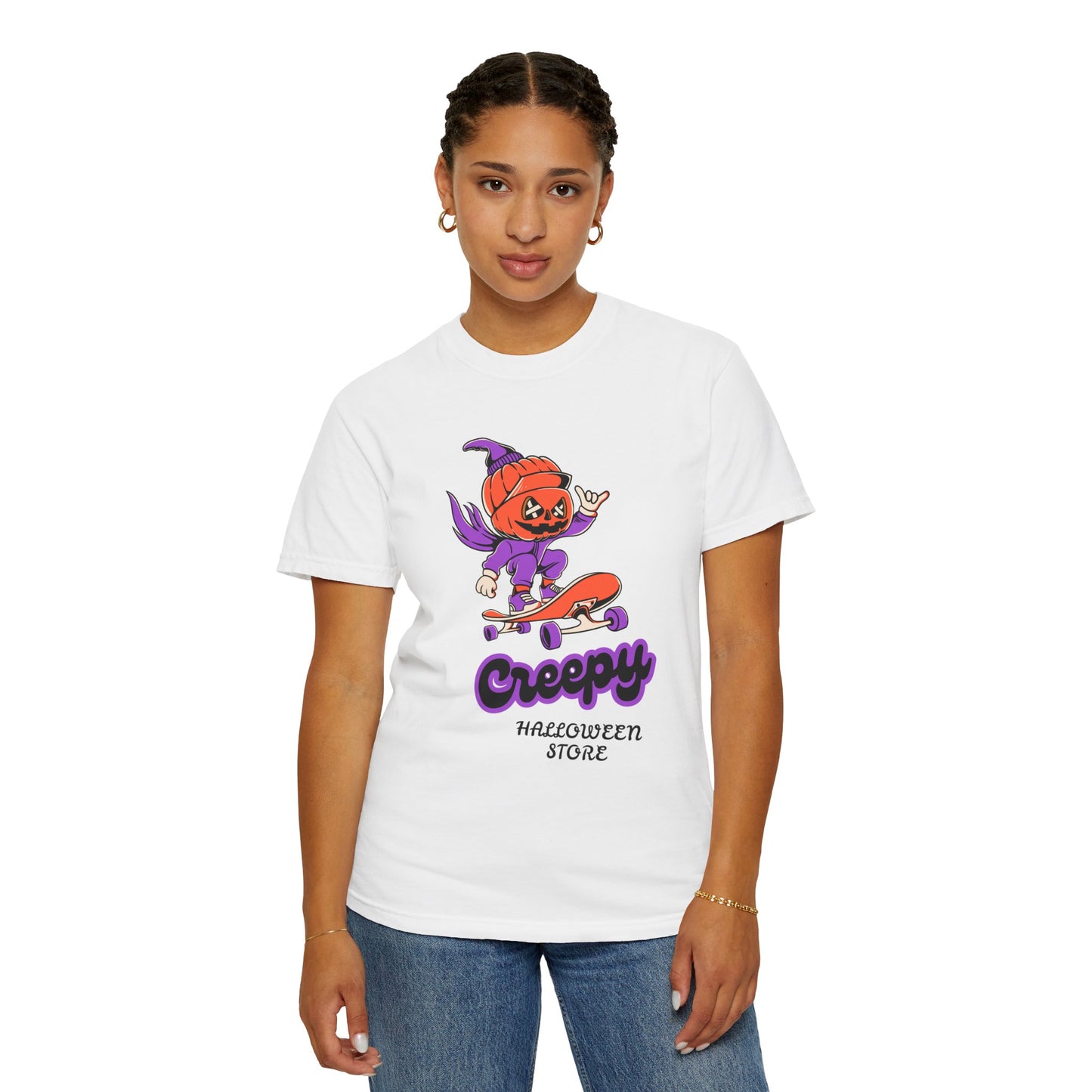 Creepy Halloween Skateboard T-shirt | Unisex Garment-Dyed Tee | Perfect for Halloween, Casual Wear, Skate Culture, Gifts for Horror Fans
