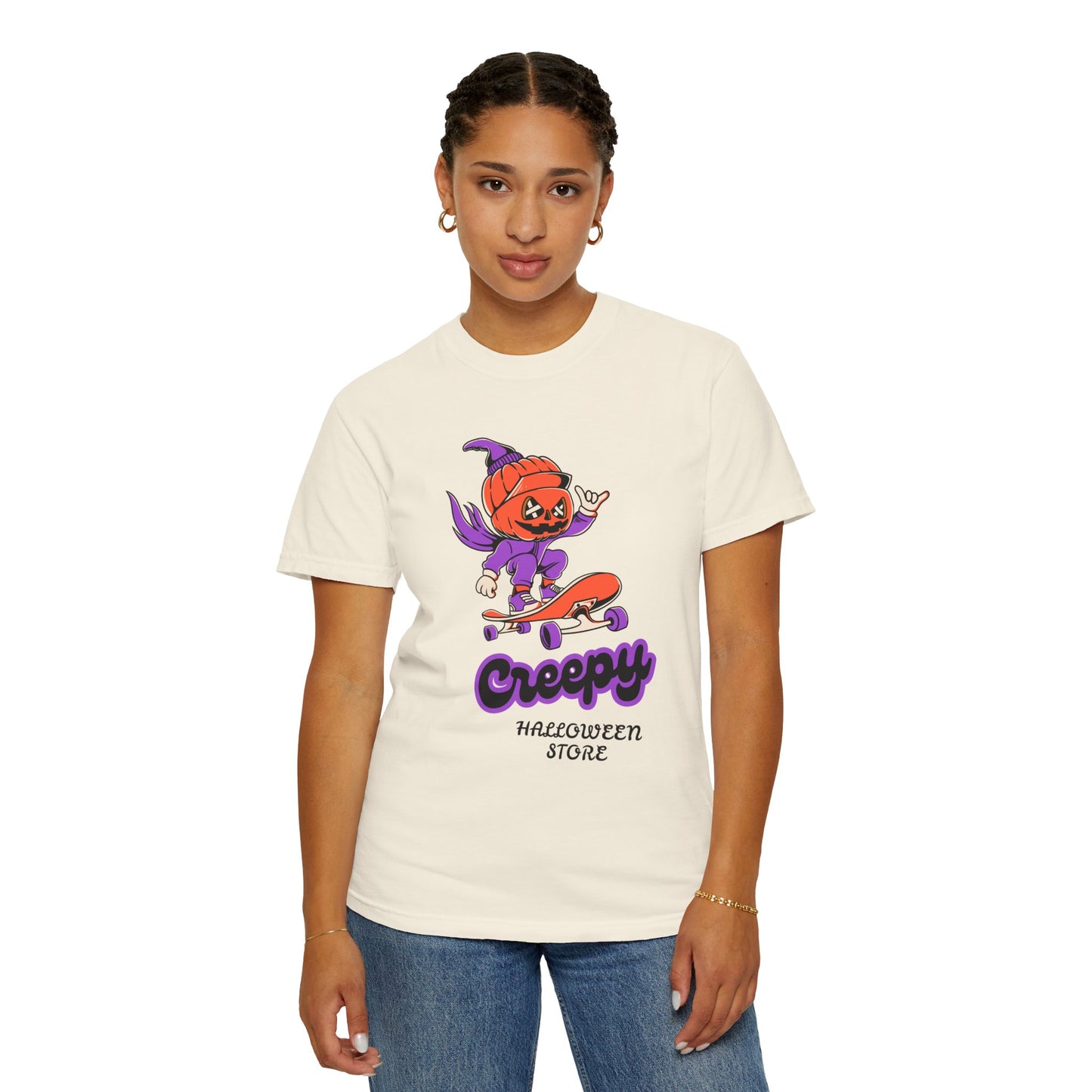 Creepy Halloween Skateboard T-shirt | Unisex Garment-Dyed Tee | Perfect for Halloween, Casual Wear, Skate Culture, Gifts for Horror Fans