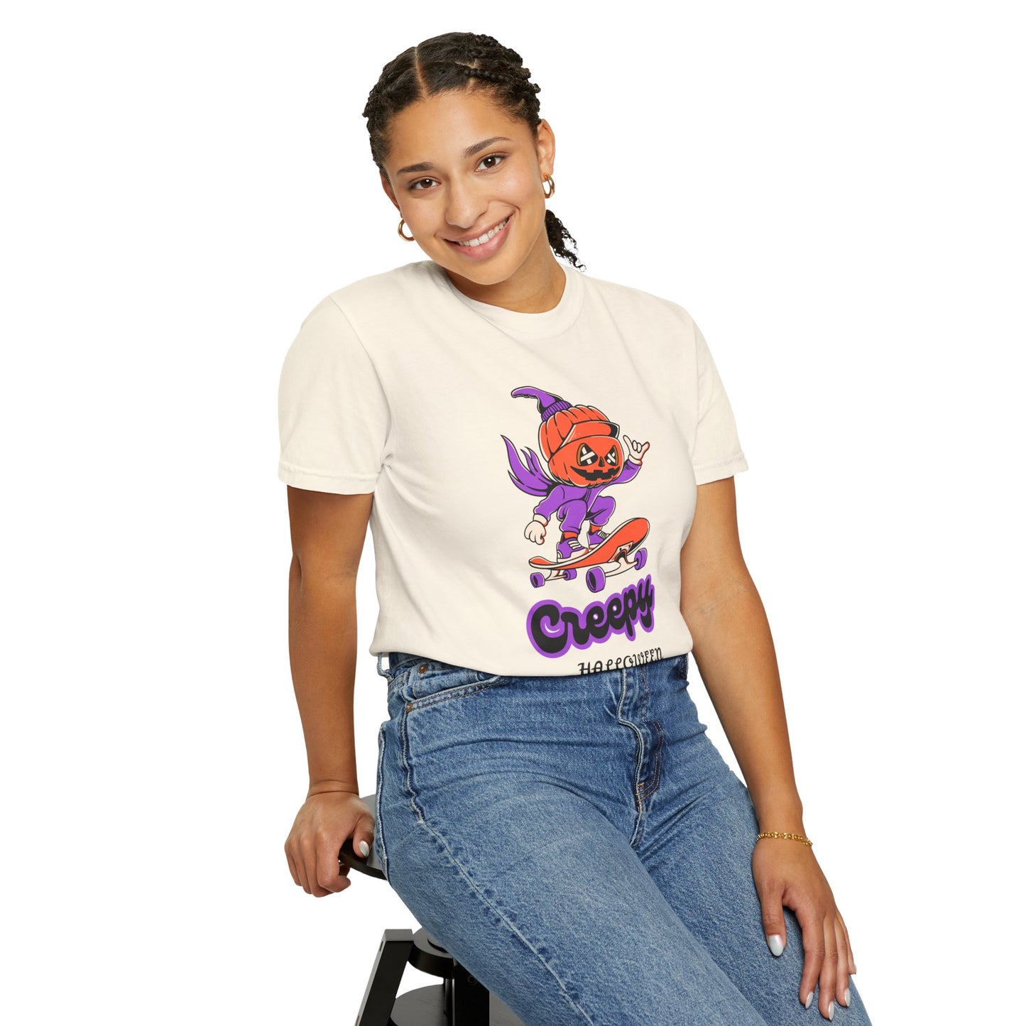 Creepy Halloween Skateboard T-shirt | Unisex Garment-Dyed Tee | Perfect for Halloween, Casual Wear, Skate Culture, Gifts for Horror Fans