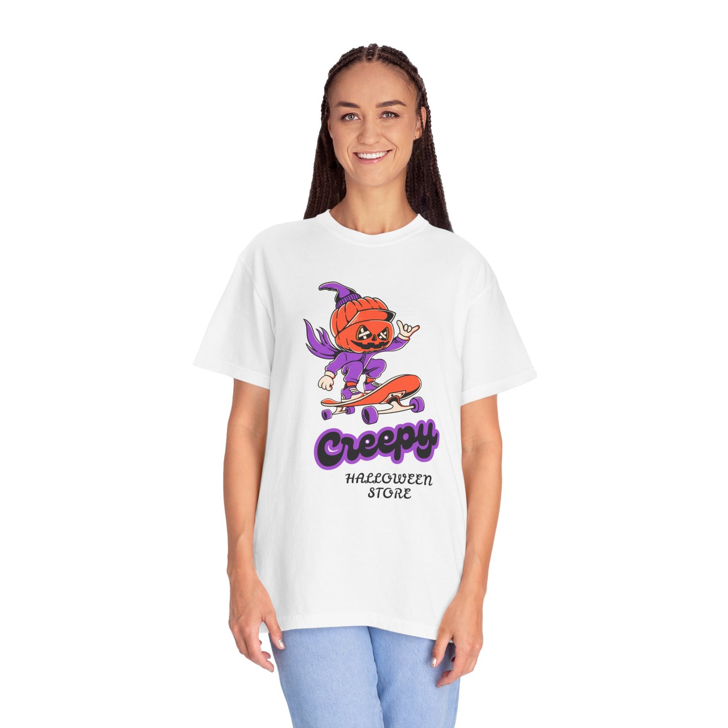 Creepy Halloween Skateboard T-shirt | Unisex Garment-Dyed Tee | Perfect for Halloween, Casual Wear, Skate Culture, Gifts for Horror Fans