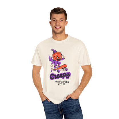 Creepy Halloween Skateboard T-shirt | Unisex Garment-Dyed Tee | Perfect for Halloween, Casual Wear, Skate Culture, Gifts for Horror Fans