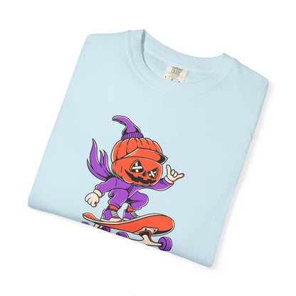 Creepy Halloween Skateboard T-shirt | Unisex Garment-Dyed Tee | Perfect for Halloween, Casual Wear, Skate Culture, Gifts for Horror Fans