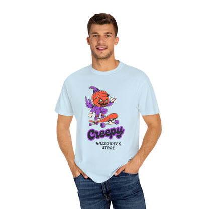 Creepy Halloween Skateboard T-shirt | Unisex Garment-Dyed Tee | Perfect for Halloween, Casual Wear, Skate Culture, Gifts for Horror Fans