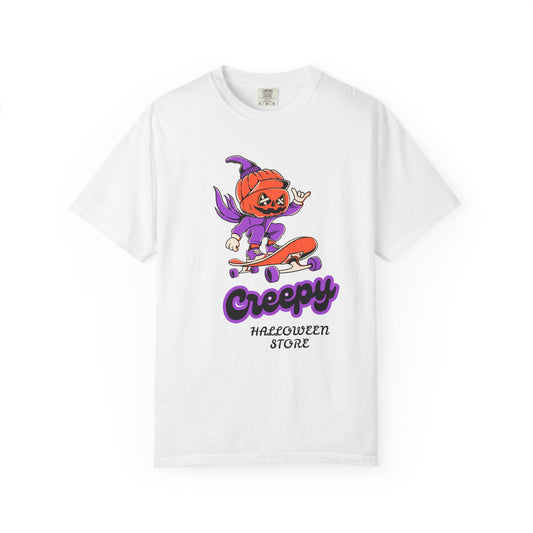 Creepy Halloween Skateboard T-shirt | Unisex Garment-Dyed Tee | Perfect for Halloween, Casual Wear, Skate Culture, Gifts for Horror Fans