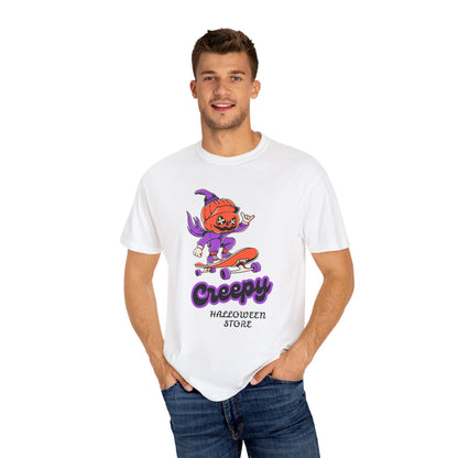 Creepy Halloween Skateboard T-shirt | Unisex Garment-Dyed Tee | Perfect for Halloween, Casual Wear, Skate Culture, Gifts for Horror Fans