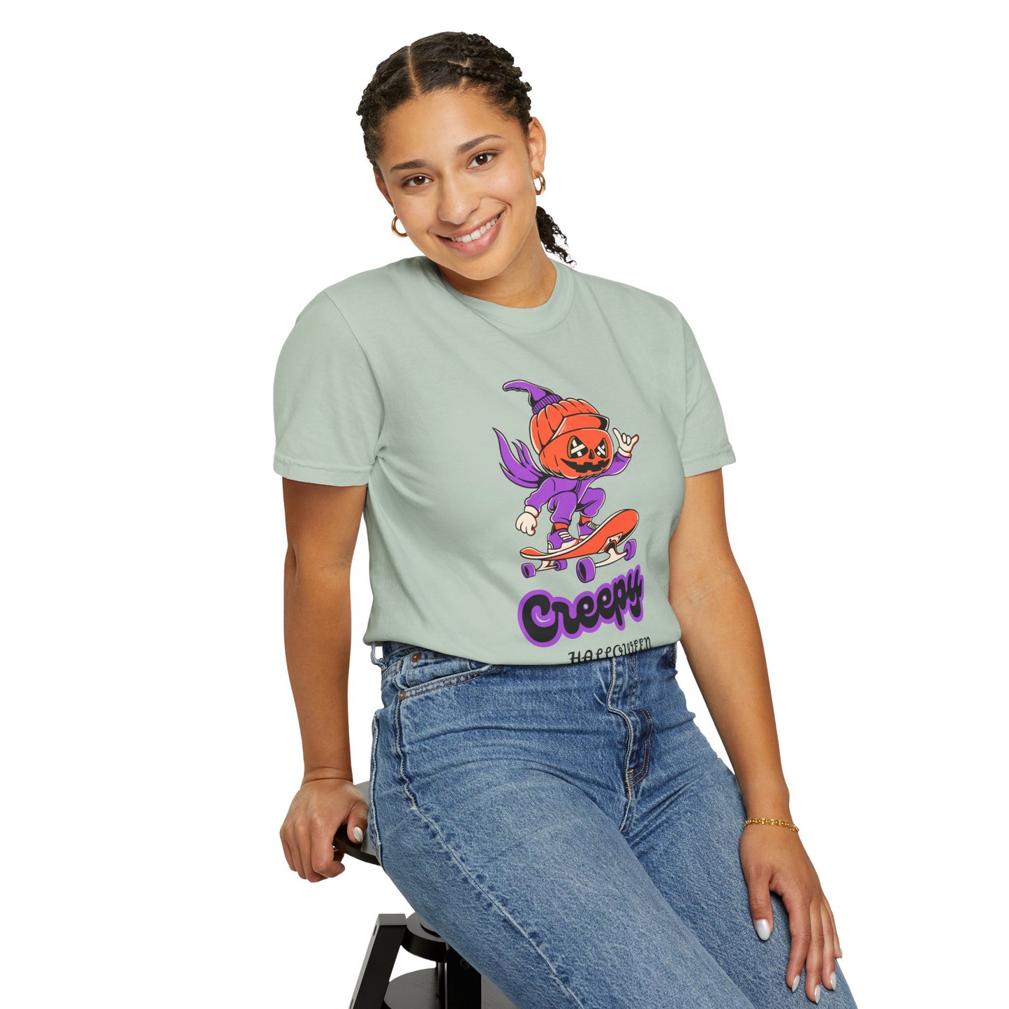 Creepy Halloween Skateboard T-shirt | Unisex Garment-Dyed Tee | Perfect for Halloween, Casual Wear, Skate Culture, Gifts for Horror Fans