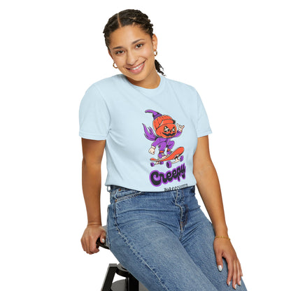Creepy Halloween Skateboard T-shirt | Unisex Garment-Dyed Tee | Perfect for Halloween, Casual Wear, Skate Culture, Gifts for Horror Fans