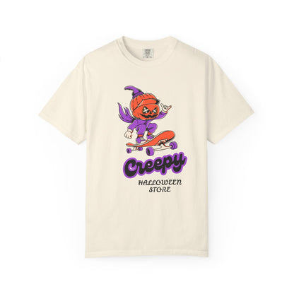 Creepy Halloween Skateboard T-shirt | Unisex Garment-Dyed Tee | Perfect for Halloween, Casual Wear, Skate Culture, Gifts for Horror Fans