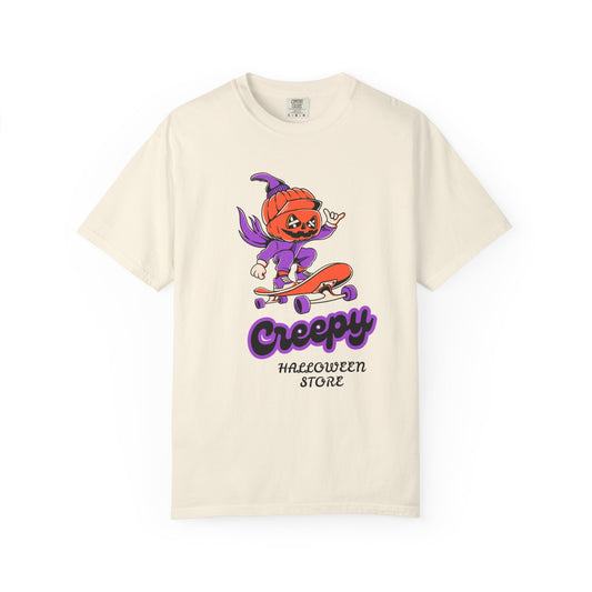 Creepy Halloween Skateboard T-shirt | Unisex Garment-Dyed Tee | Perfect for Halloween, Casual Wear, Skate Culture, Gifts for Horror Fans