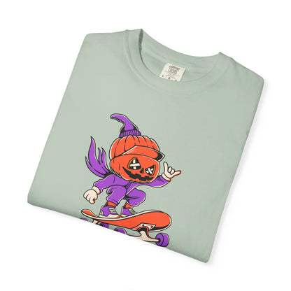Creepy Halloween Skateboard T-shirt | Unisex Garment-Dyed Tee | Perfect for Halloween, Casual Wear, Skate Culture, Gifts for Horror Fans