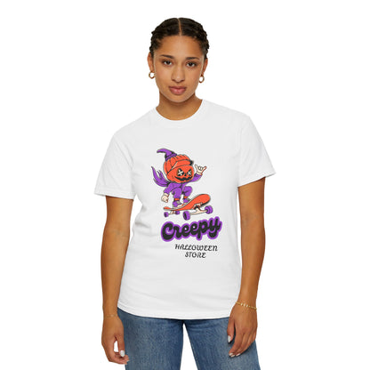 Creepy Halloween Skateboard T-shirt | Unisex Garment-Dyed Tee | Perfect for Halloween, Casual Wear, Skate Culture, Gifts for Horror Fans