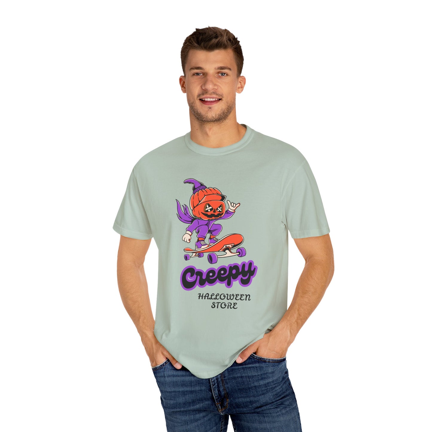Creepy Halloween Skateboard T-shirt | Unisex Garment-Dyed Tee | Perfect for Halloween, Casual Wear, Skate Culture, Gifts for Horror Fans