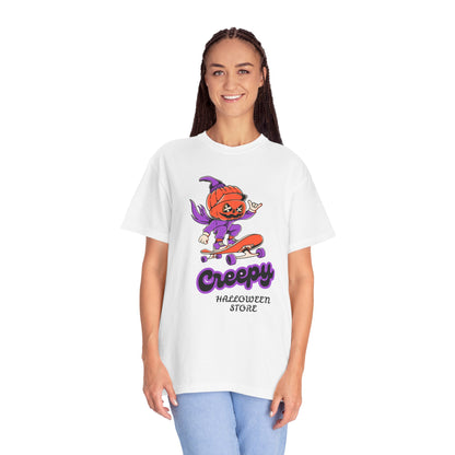 Creepy Halloween Skateboard T-shirt | Unisex Garment-Dyed Tee | Perfect for Halloween, Casual Wear, Skate Culture, Gifts for Horror Fans